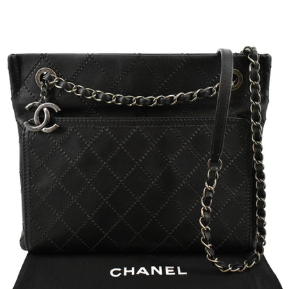 CHANEL Stitched CC Pocket Leather Shoulder Bag Black