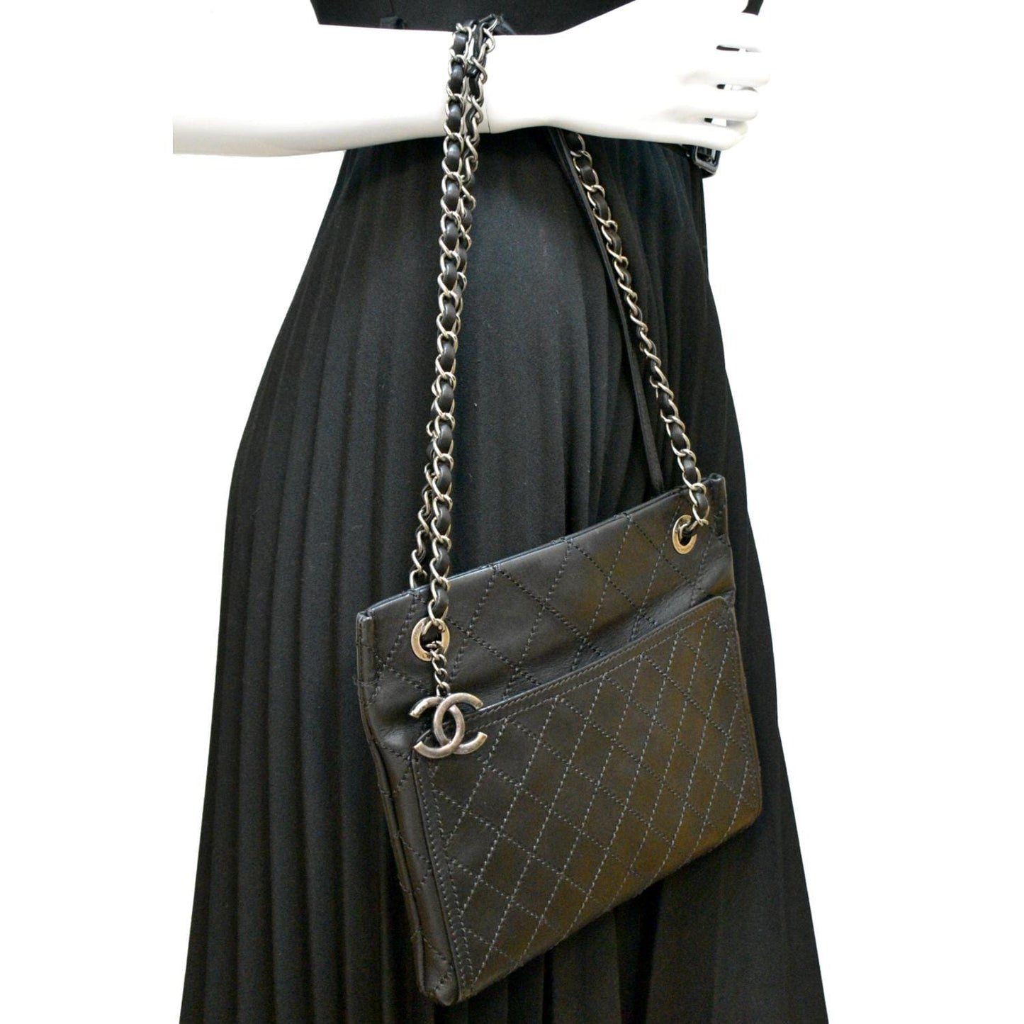 CHANEL Stitched CC Pocket Leather Shoulder Bag Black