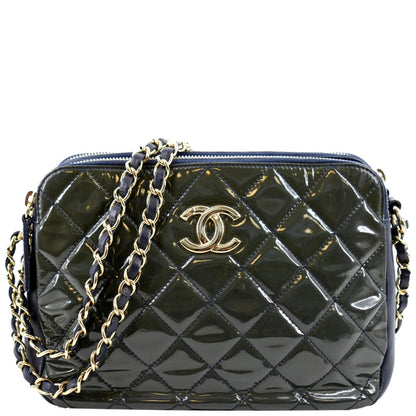 CHANEL Double Zip Patent Leather Shoulder Bag Navy Blue