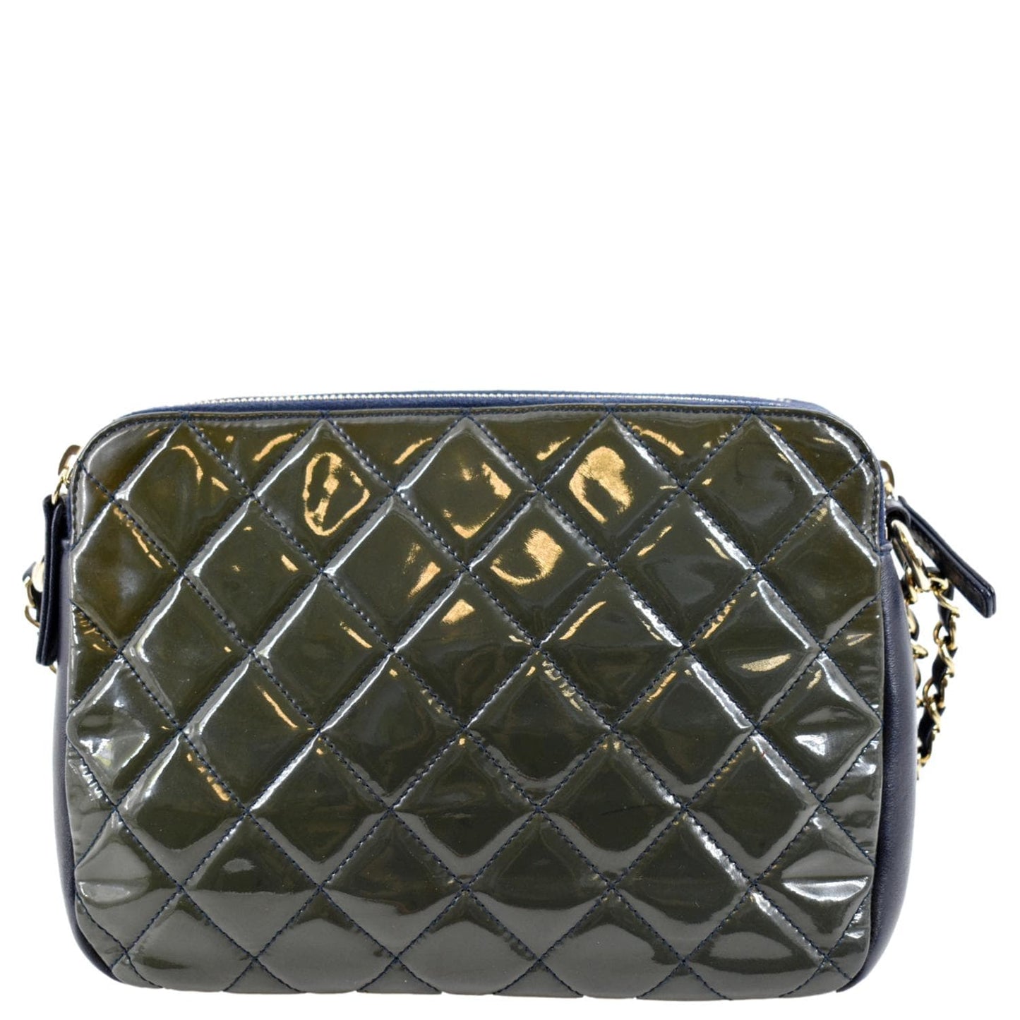 CHANEL Double Zip Patent Leather Shoulder Bag Navy Blue