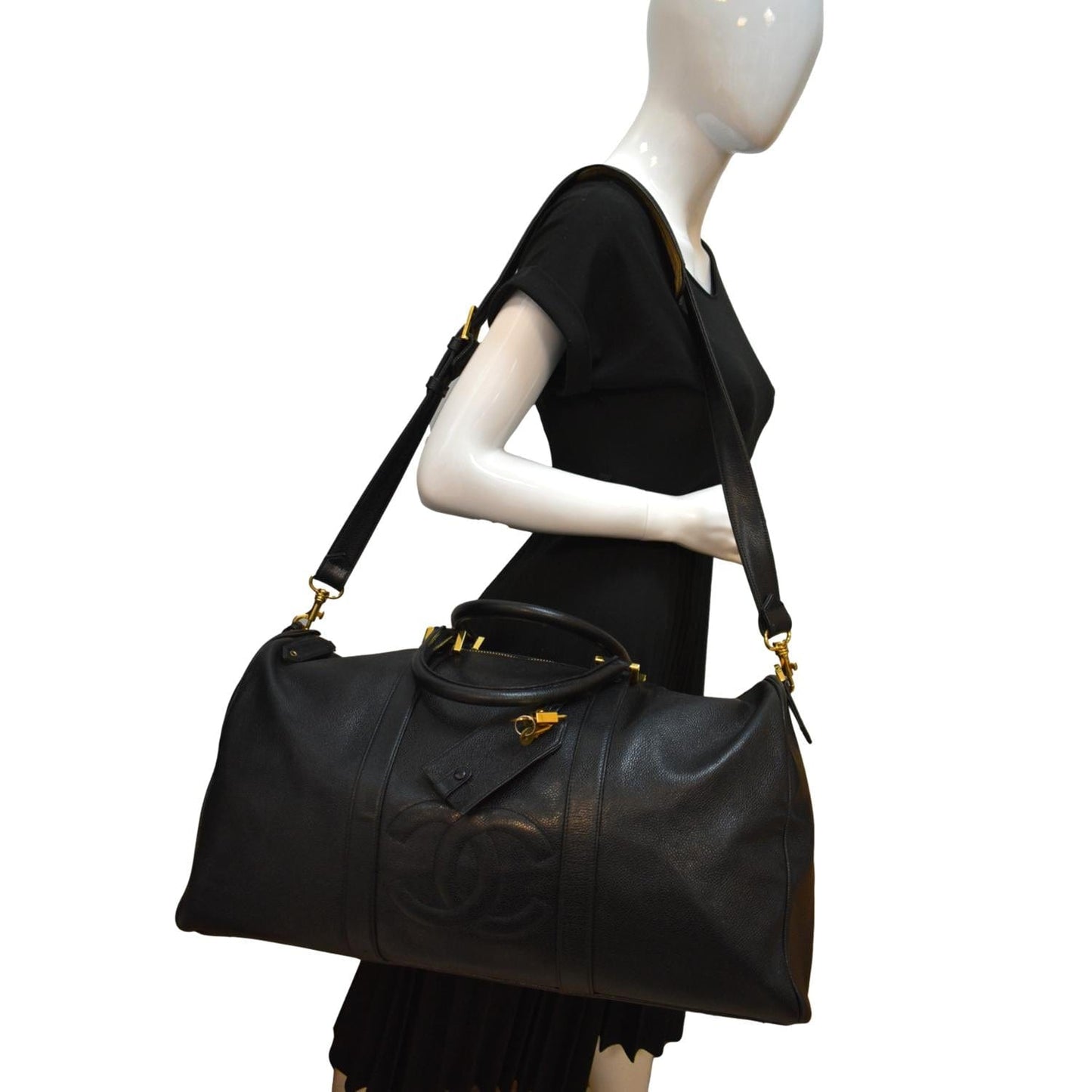 CHANEL Vintage Leather Boston Shoulder Bag Black