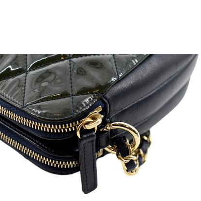 CHANEL Double Zip Patent Leather Shoulder Bag Navy Blue