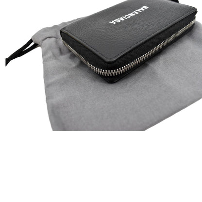 BALENCIAGA Classic Zip Around Leather Card Case Wallet Black