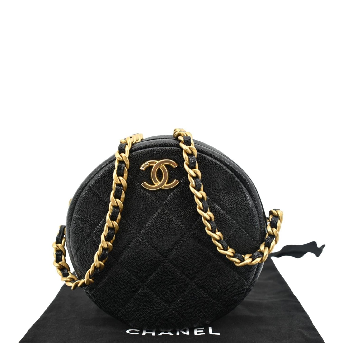 CHANEL Round Quilted Caviar Leather Clutch Crossbody Bag Black