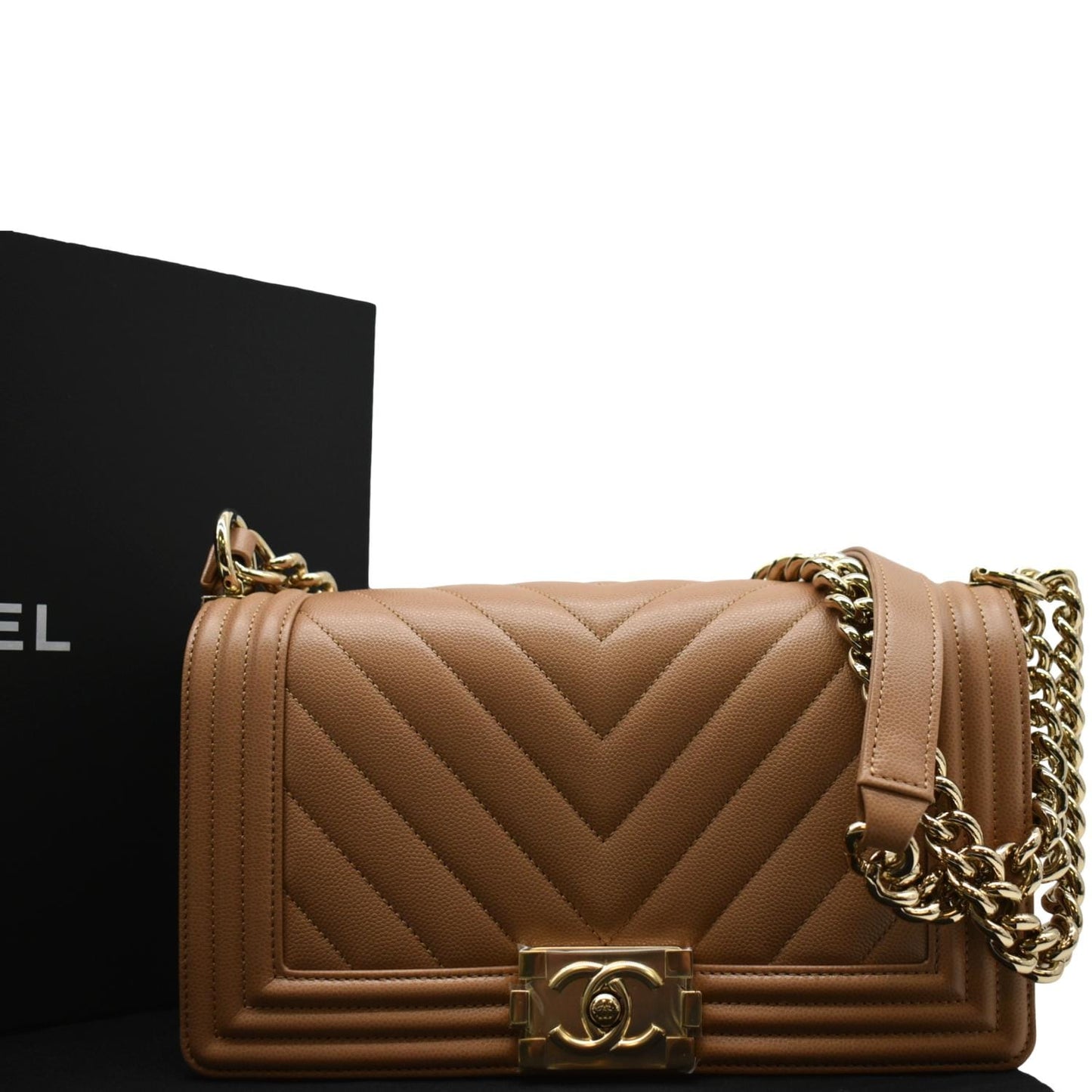 CHANEL Medium Boy Flap Chevron Caviar Leather Crossbody Bag Beige
