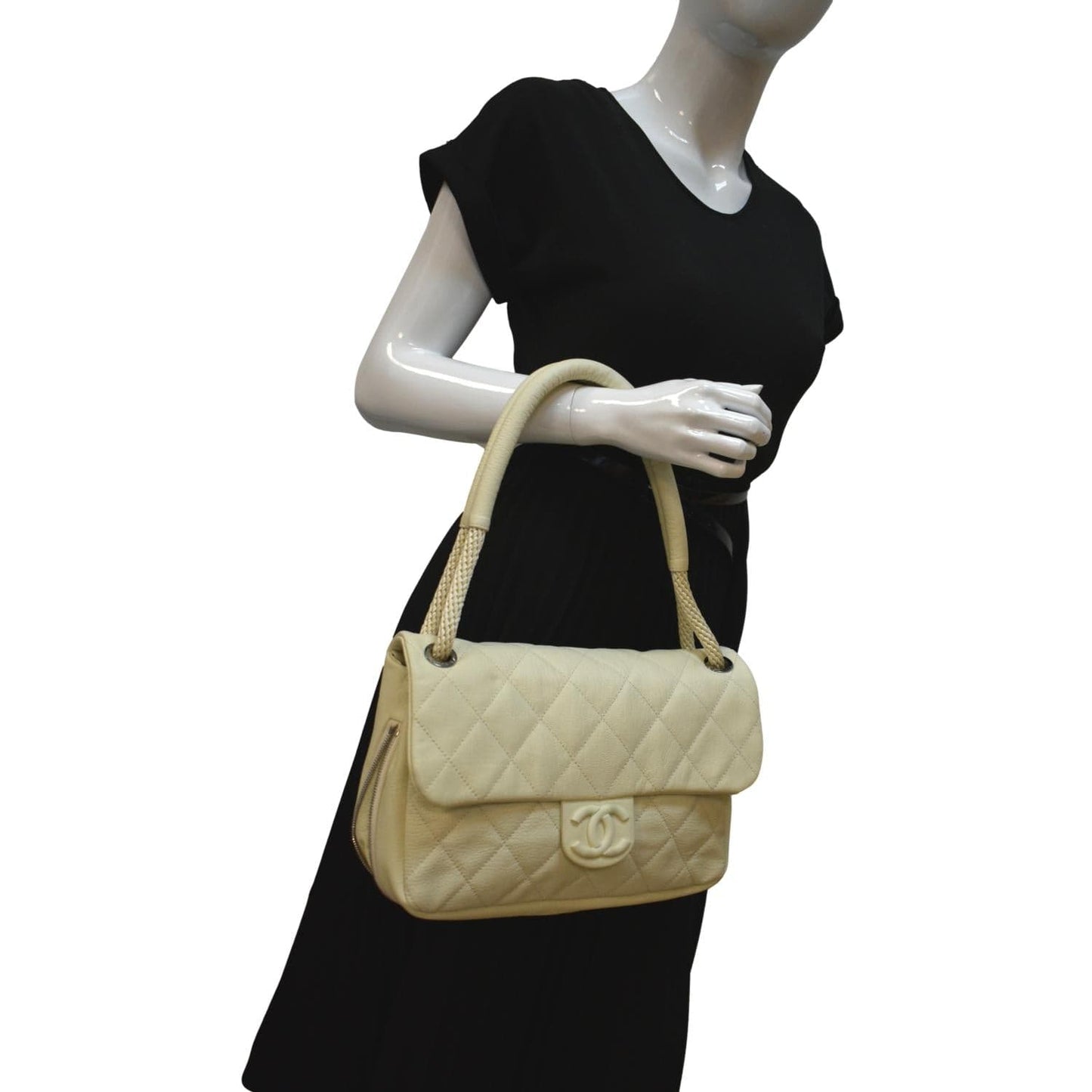 CHANEL Rope Handle Flap Chevre Leather Shoulder Bag White