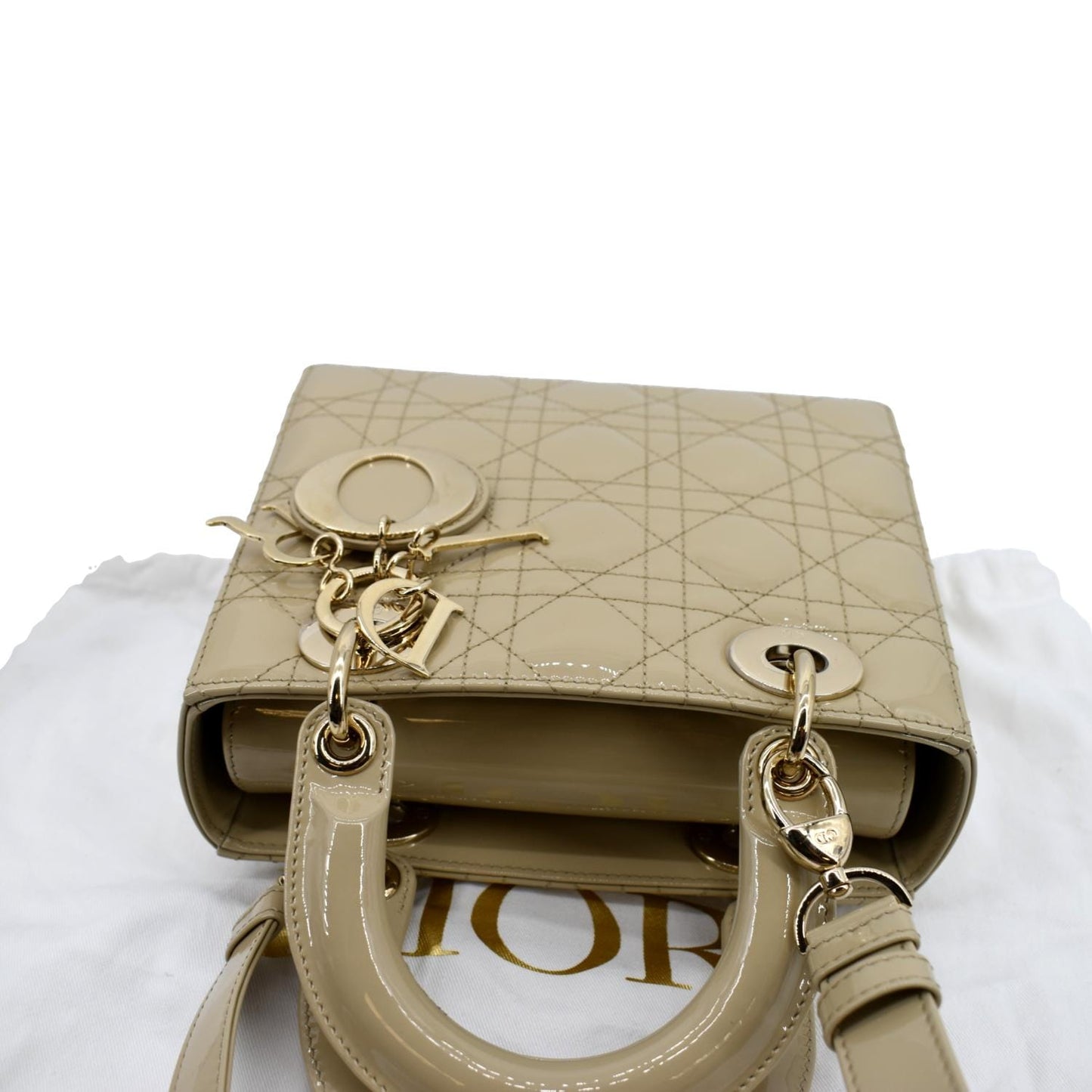 CHRISTIAN DIOR Lady Dior Small Patent Leather Shoulder Bag Beige