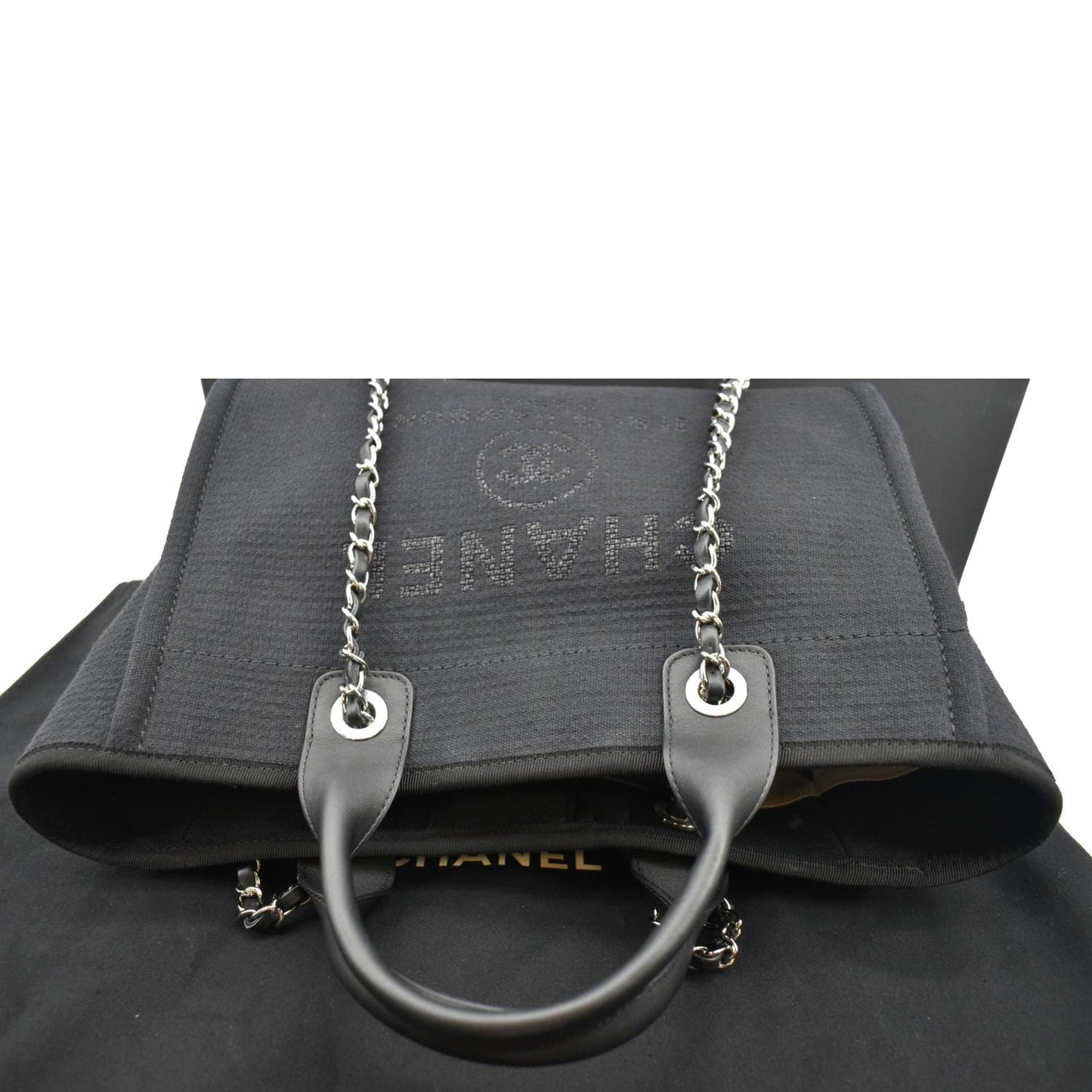 CHANEL Deauville Small Canvas Leather Tote Bag Dark Blue