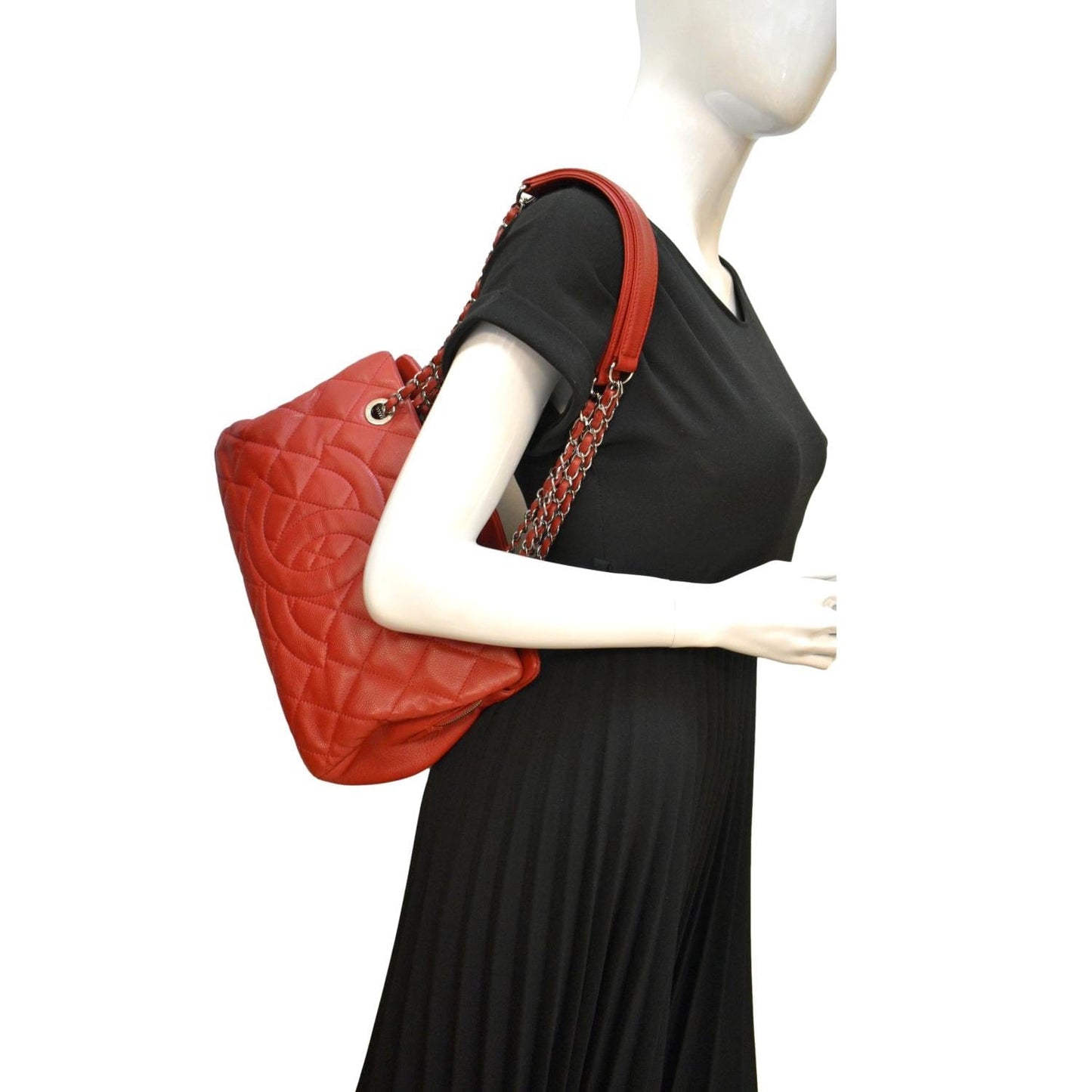 CHANEL Timeless CC Soft Quilted Caviar Leather Shopping Tote Bag Red