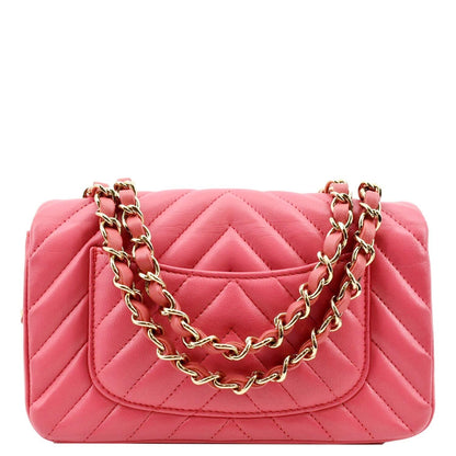 CHANEL Timeless Classic Square Flap Chevron Calfskin Leather Crossbody Bag Pink