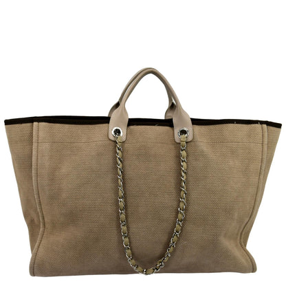 CHANEL Extra Large Deauville Canvas Tote Shoulder Bag Beige