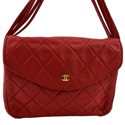 CHANEL Vintage Flap Lambskin Leather Shoulder Bag Red