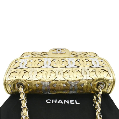 CHANEL Mix Medium Flap CC Crackled Calfskin Shoulder Bag Silver Gold
