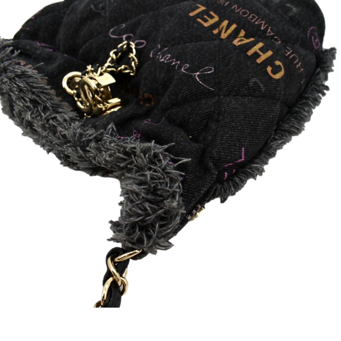 CHANEL Denim Mood Logo Printed Quilted Fringe Denim Chain Bucket Bag Black