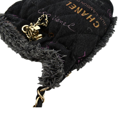 CHANEL Denim Mood Logo Printed Quilted Fringe Denim Chain Bucket Bag Black