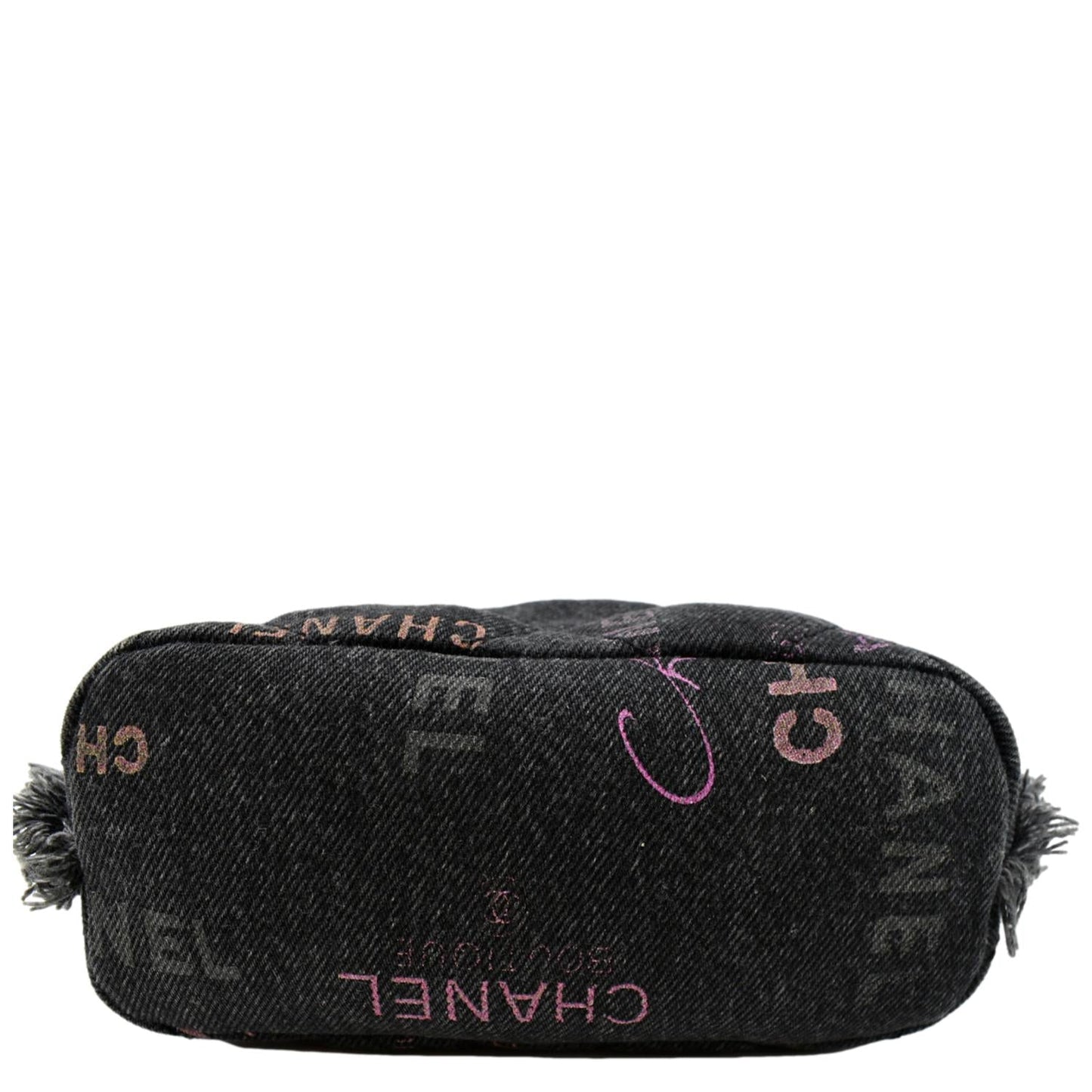 CHANEL Denim Mood Logo Printed Quilted Fringe Denim Chain Bucket Bag Black