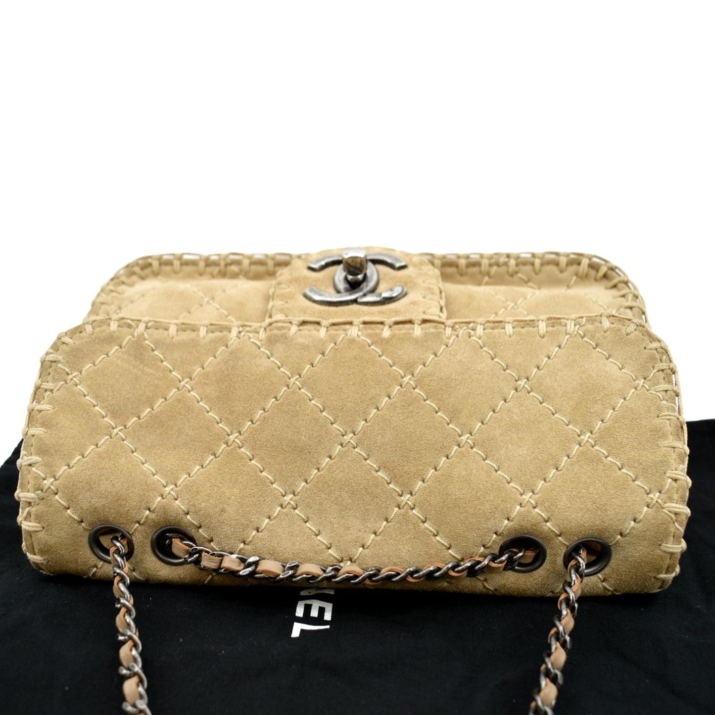 CHANEL Whipstitch Small Flap Suede Shoulder Bag Beige