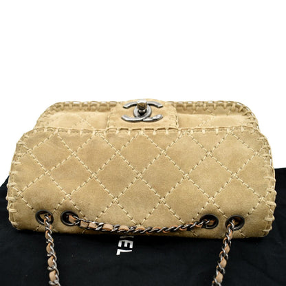 CHANEL Whipstitch Small Flap Suede Shoulder Bag Beige