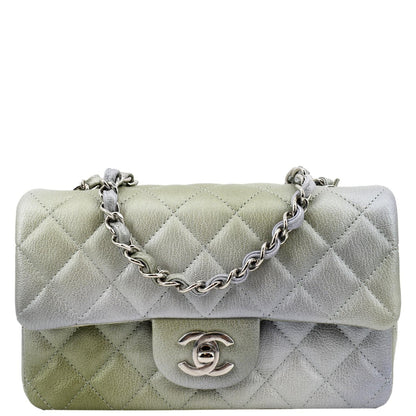 CHANEL Mini Rectangular Flap Quilted Chevre Leather Crossbody Bag Metallic Gray/Green