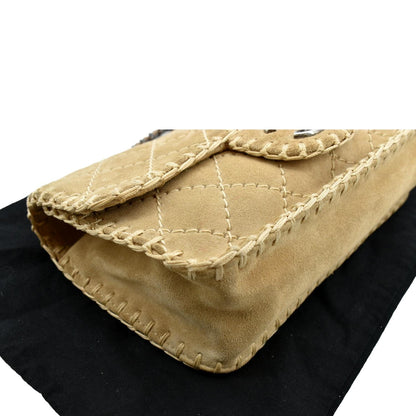 CHANEL Whipstitch Small Flap Suede Shoulder Bag Beige