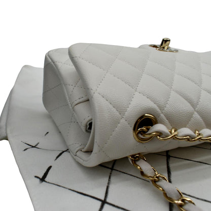 CHANEL Classic Double Flap Small Caviar Leather Shoulder Bag White