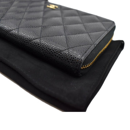 CHANEL Long Zippy Caviar Leather Wallet Black