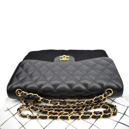 CHANEL Jumbo Double Flap Caviar Leather Shoulder Bag Black