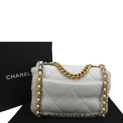 CHANEL 19 Flap Shearling Patent Leather Shoulder Bag White