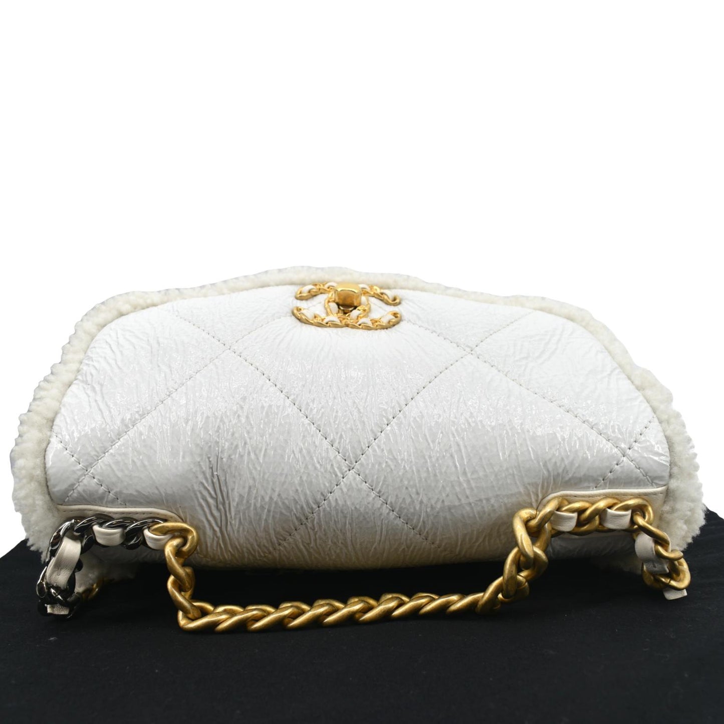 CHANEL 19 Flap Shearling Patent Leather Shoulder Bag White