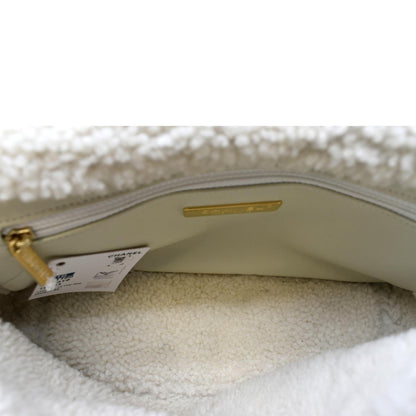 CHANEL 19 Flap Shearling Patent Leather Shoulder Bag White