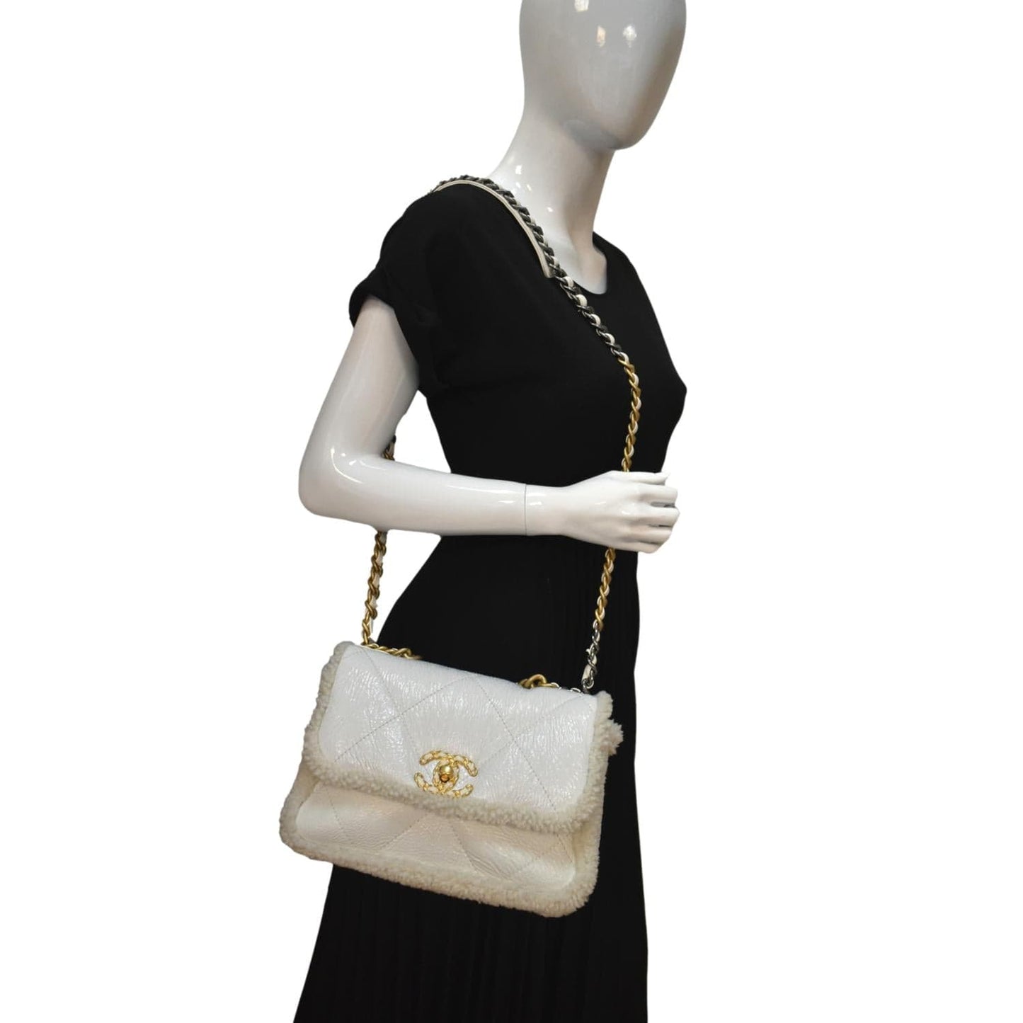 CHANEL 19 Flap Shearling Patent Leather Shoulder Bag White
