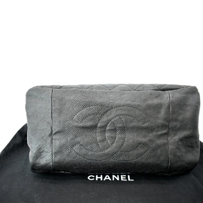 CHANEL CC Zip Diamond Embossed Leather Shopping Tote Shoulder Bag Black