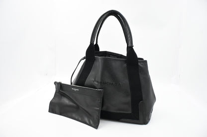 Balenciaga Navy Cabas Small Tote in Black Leather and Canvas