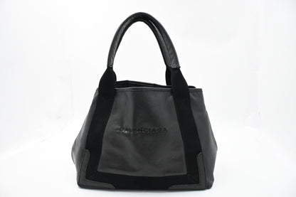 Balenciaga Navy Cabas Small Tote in Black Leather and Canvas