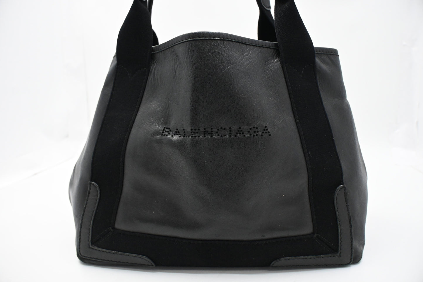 Balenciaga Navy Cabas Small Tote in Black Leather and Canvas