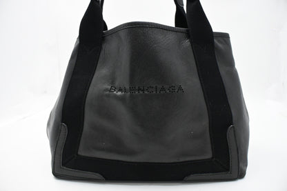 Balenciaga Navy Cabas Small Tote in Black Leather and Canvas