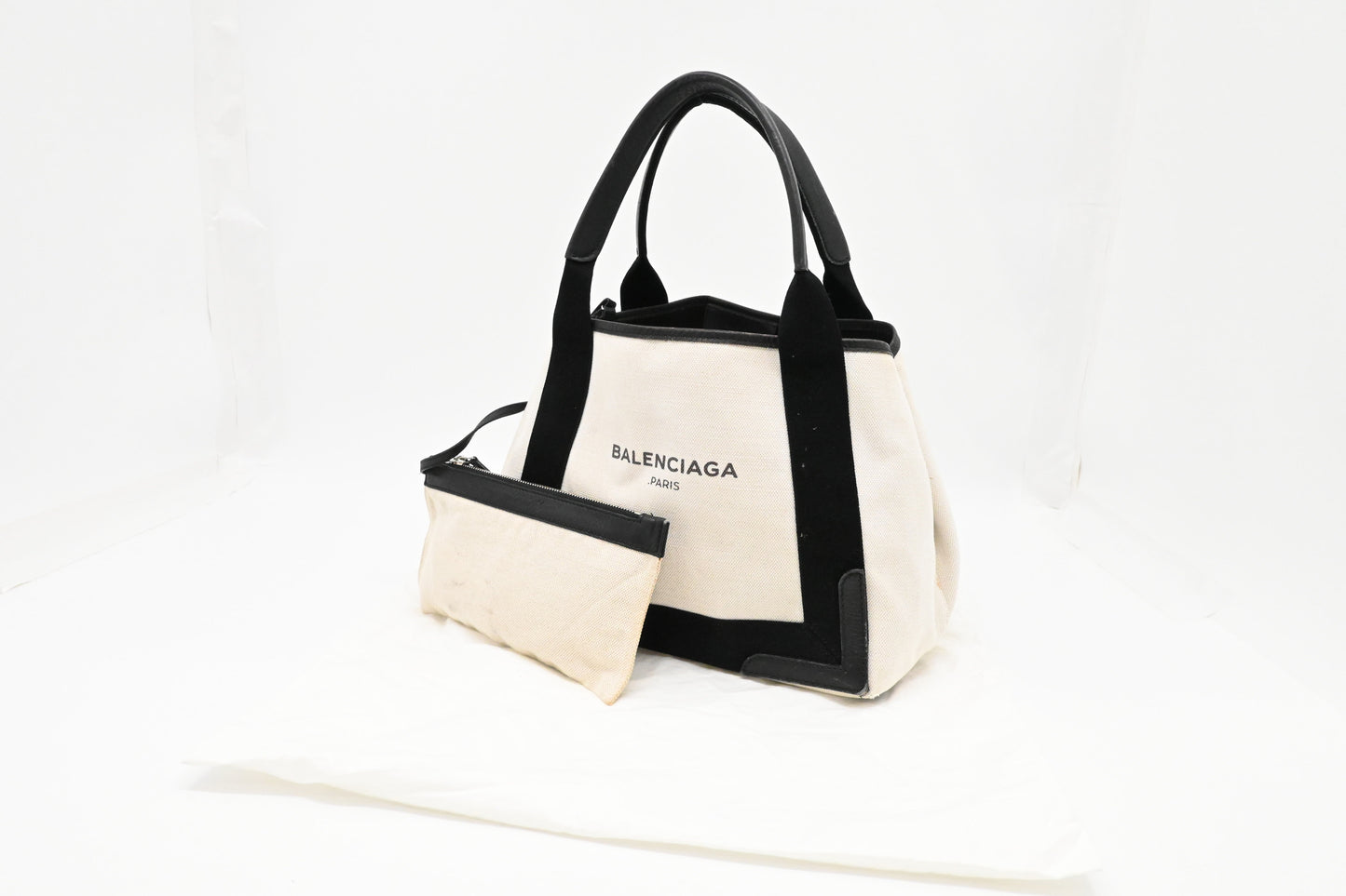 Balenciaga Small Navy Cabas Tote in Ecru and Black Canvas