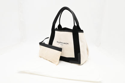 Balenciaga Small Navy Cabas Tote in Ecru and Black Canvas