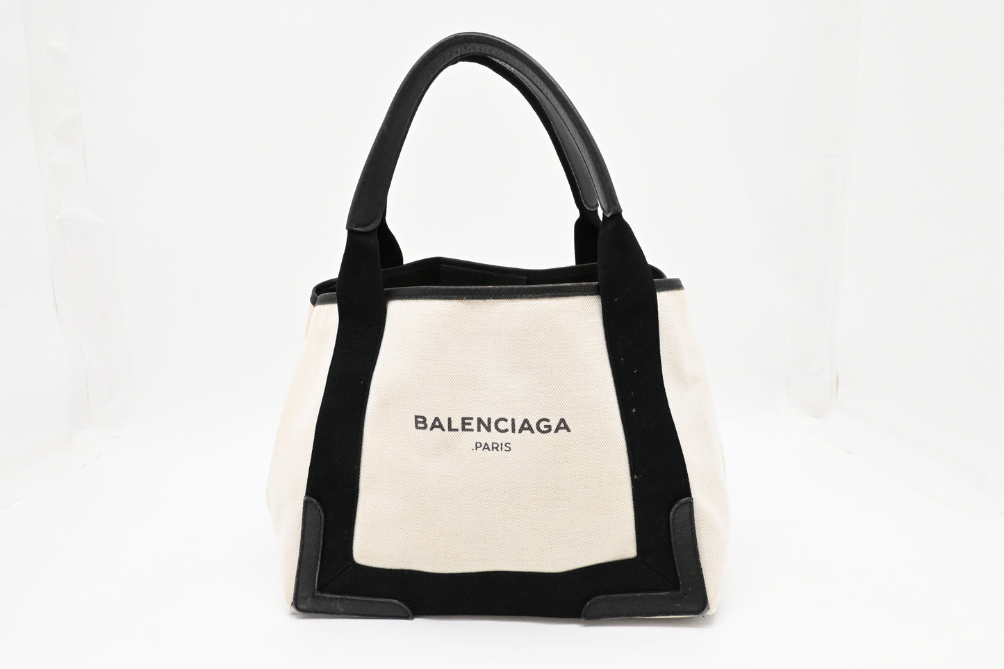Balenciaga Small Navy Cabas Tote in Ecru and Black Canvas