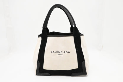 Balenciaga Small Navy Cabas Tote in Ecru and Black Canvas