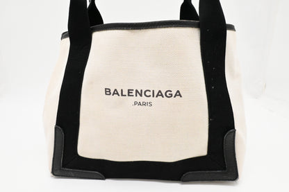 Balenciaga Small Navy Cabas Tote in Ecru and Black Canvas