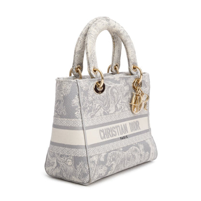 Christian Dior 2021 Grey Canvas Toile de Jouy Embroidered Medium Lady D-Lite