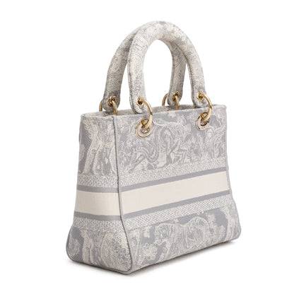 Christian Dior 2021 Grey Canvas Toile de Jouy Embroidered Medium Lady D-Lite