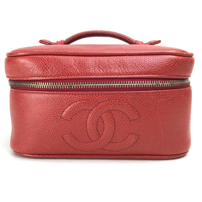 CHANEL Handbag Caviar skin Red x Gold Metal CC COCO Mark Horizontal Cosmetics Pouch Women