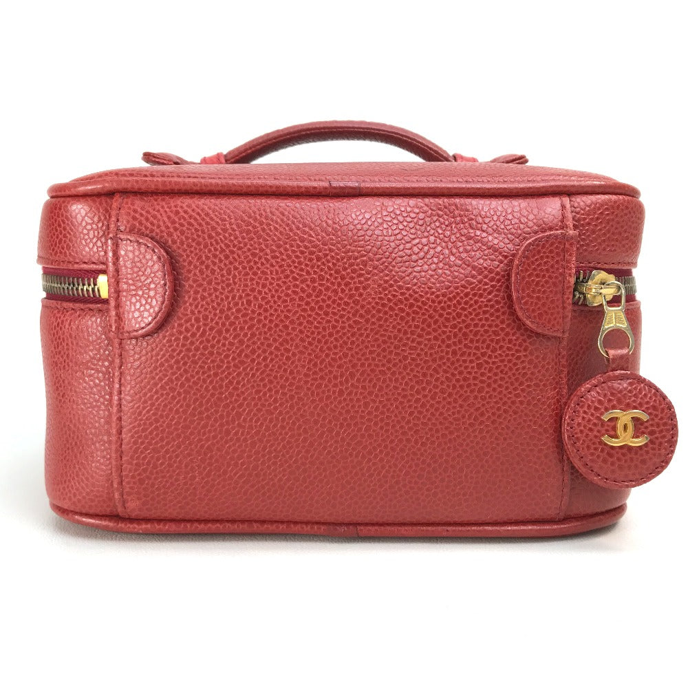 CHANEL Handbag Caviar skin Red x Gold Metal CC COCO Mark Horizontal Cosmetics Pouch Women