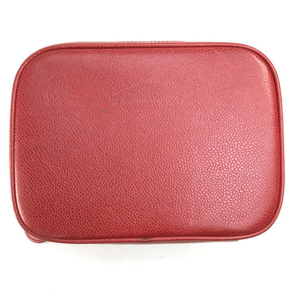 CHANEL Handbag Caviar skin Red x Gold Metal CC COCO Mark Horizontal Cosmetics Pouch Women