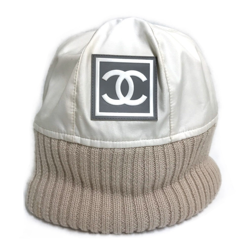 CHANEL Knit hat polyester Ivory / beige CC COCO Mark Sports line logo Women S