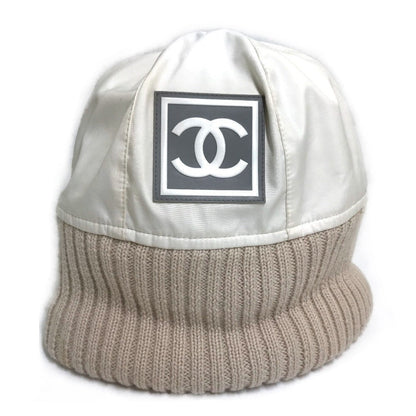 CHANEL Knit hat polyester Ivory / beige CC COCO Mark Sports line logo Women S