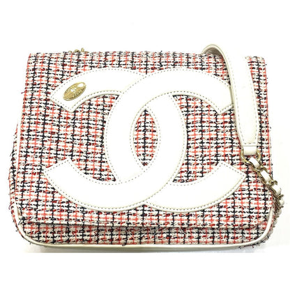 CHANEL Shoulder Bag Leather, Tweed White x red CC COCO Mark flap pochette