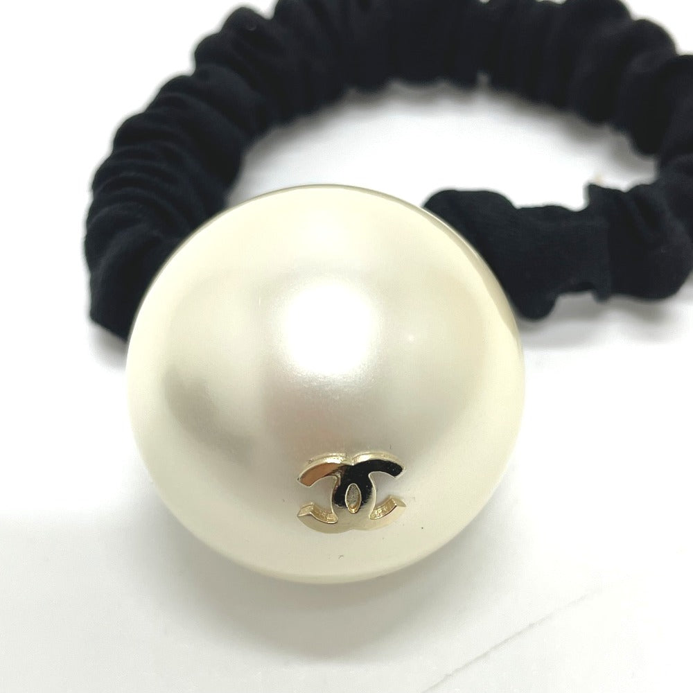 CHANEL Hair rubber Fake pearls, rubber Black x white CC COCO Mark Shush Women